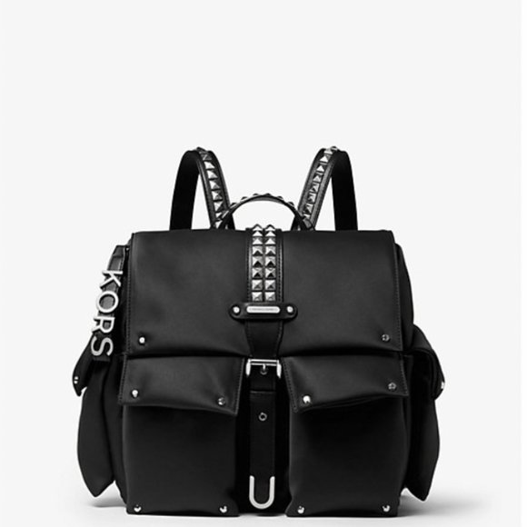 Michael Kors Handbags - Michael Kors Olivia Medium Flap Backpack Studded Satin Black